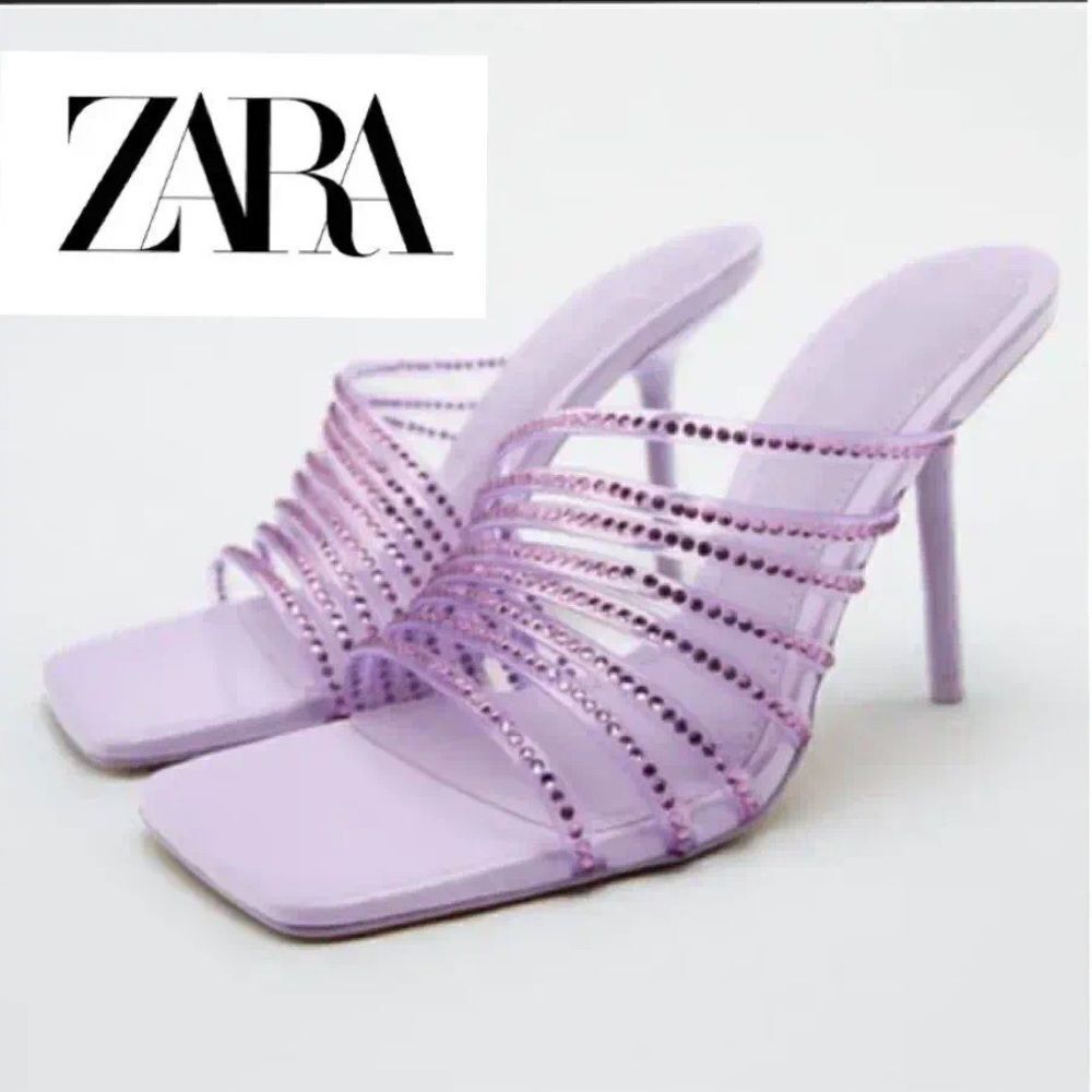 Zara Vinyl Purple Mauve Rhinestone Squared Toe High Heels Sandals Shoes